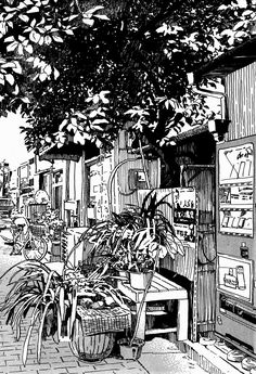 a black and white drawing of a street with potted plants on the side walk