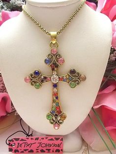 BETSEY JOHNSON BEAUTIFUL CRYSTAL INLAY COLORFUL CROSS PENDANT CHAIN NECKLACE | eBay Stacked Crystal Necklace, Byzantine Jewelry Ancient, Chunky Cross Necklace, Large Cross Necklace, Vintage Cross Necklace, Floral Pendant Necklace, Betsey Johnson Necklace, Vintage Betsey Johnson, Crystal Cross