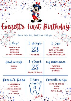 a mickey mouse birthday party poster with the date and time for each child's first birthday