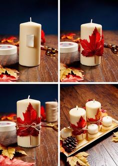 four pictures of candles with red maple leaves on them and pine cones in the middle