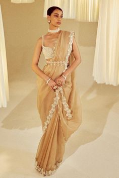 Beige saree with pearl work borders. Comes with pearl embellished, sweetheart neck padded blouse. - Aza Fashions Beige Saree With Contrast Blouse, Champagne Saree, Sri Lankan Saree, Beige Saree, Bridesmaid Sarees, Vani Vats, Saree Gowns, Saree Organza, Cotton Sarees Handloom