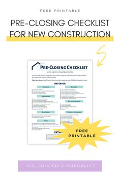 the free printable pre - closing checklist for new construction is shown in this image