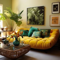 a living room filled with lots of furniture and plants on top of it's tables