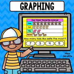 a computer screen with the words graphing on it and an image of a boy pointing at