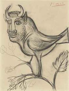 a drawing of a bull with horns on it's head sitting on a branch