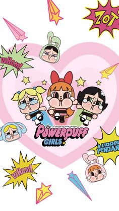 the powerpuff girls sticker sheet is in the shape of a heart with various cartoon characters on it