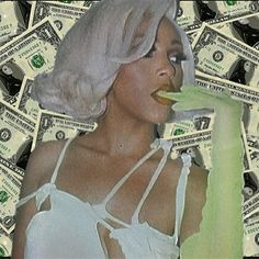 a collage of money with a woman brushing her teeth in front of the camera