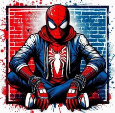 a spider man sitting in front of a brick wall with his hands on his knees