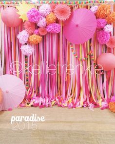 Pink & coral streamers with bright parasols & tissue paper flowers created a sweet backdrop for a dance photo booth! Would be cute for parties, showers, weddings, receptions! kellietrenkle #event #photographer Spring Back Drop Ideas, Paper Lantern Photo Backdrop, Tissue Flower Backdrop, Photo Backdrop With Flowers, Summer Party Backdrop, Honeycomb Arch, Wedding Party Beach, Wedding Party Dance, Hawaiian Bridal Shower