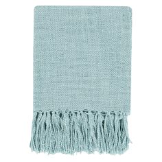 a light blue blanket with fringes on it