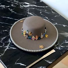 Beautiful hand embellished grey round wide brim Fedora hat. Decorated Hats, Hat Bar, Candle Bar, Hat Bands, Painted Hats, Beaded Hat, Wide Brim Fedora, Unique Hats, Fancy Hats