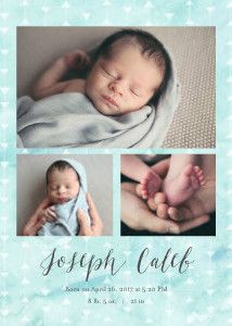 the birth announcement card features three photos of a baby