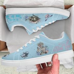 ABOUT THE DESIGN: Baby Blue Summer Alice in Wonderland Trainers Baby Blue Alice in Wonderland Casual Trainers featuring some your favourite characters! Main Background colour is Aqua Blue with Vintage Alice in Wonderland characters. Eco-friendly and 100% vegan leather material Soft rubble soles for all over printing low top synthetic leather shoes Leather upper, mesh cloth lining and EVA padded insoles Complete with eyelets and a lace up closure for a classic look Perfect for every season, wear Alice In Wonderland Shoes, Summer Trainers, Shoe Custom, Wonderland Characters, Alice In Wonderland Characters, Christmas Uk, Flat Pumps, Casual Trainers, Pumps Flat