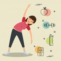 a woman is doing exercises with an apple and water bottle on the wall behind her