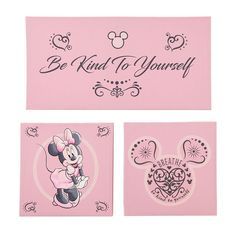 two pink coasters with minnie mouse and be kind to yourself written on the side