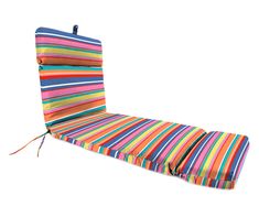 a multicolored striped outdoor chaise lounge cushion with ties on the back and sides