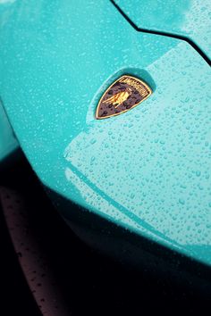close up of the hood of a blue sports car with raindrops on it