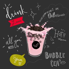 a pink drink with chocolate chips in it and the words bubble tea written above it