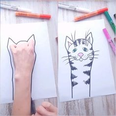two pictures of cats with colored pencils on them