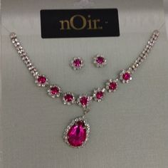 Rhinestone & Pink Stone Jewelry Set. Never Worn Includes Necklace And Earrings For Pierced Ears. Pink Prom Earrings, Dark Pink Necklace, Pink Diamond Necklace, Pink Stone Jewelry, Raspberry Wine, Diamond Chains, Rhinestone Jewelry Set, Blue Opal Necklace, Crystal Heart Earrings