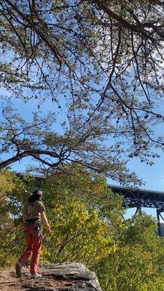 a person with a backpack is walking on a trail near a bridge and some trees