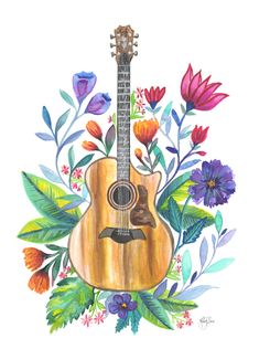 an acoustic guitar surrounded by colorful flowers and greenery on a white background with the words,