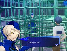 two anime characters are standing in front of some metal cages with signs that say, i can't get out