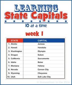 a poster with the words learning state capitals for week 1, as well as an image