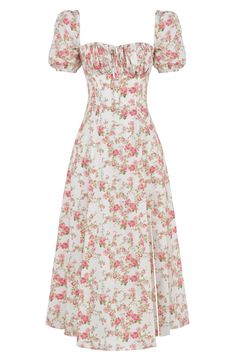 Channel major garden-party energy in this crisp floral sundress featuring a ruched neck, a built-in corset and dainty puff sleeves. Exclusive retailer Square neck Short sleeves Lined 65% cotton, 32% nylon, 3% elastane Dry clean Imported Midi Sundress, Square Neck Dress, House Of Cb, Floral Sundress, Pink Floral Dress, Floral Print Maxi, House Dress, Floral Dress Summer, Rose Print