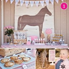 a collage of photos with horses and desserts on display in front of them