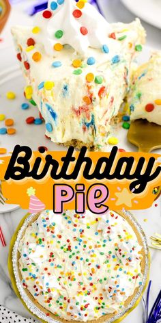 a birthday pie with white frosting and sprinkles is on a plate