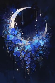 the moon is surrounded by blue flowers and stars