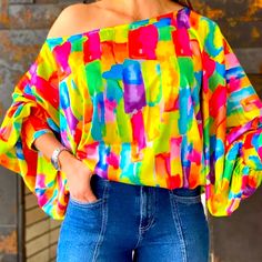 Lantern Sleeve Slash Neck Casual Blouse . This Blouse Is So Beautiful Colorblock Top, Lantern Sleeve Top, Lantern Sleeved Blouses, Pattern Dress Women, Chic Blouses, Loose Top, Color Block Top, Summer Fabrics, Loose Tops