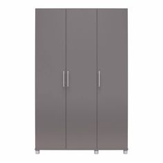 a tall gray cabinet with two doors