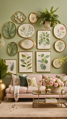 a living room filled with lots of different types of flowers and plants on the wall