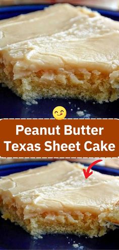 peanut butter texas sheet cake on a blue plate with an orange arrow pointing to it