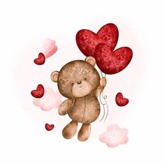 a brown teddy bear holding two red hearts