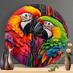 two colorful parrots sitting next to each other