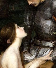 a painting of a man and woman in armor looking at each other's eyes