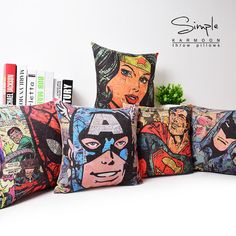 the pillows are decorated with comic characters