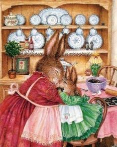 a painting of two rabbits eating food in front of a china cabinet with dishes on the shelves