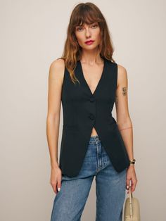 Casey Vest - Sleeveless | Reformation Vest Top Outfits, Suit Vest Outfits, Long Vest Outfit, Black Vest Outfit, Vest Outfits For Women, Moda Aesthetic, Swimwear Dress, Black Vest, Birthday Dress