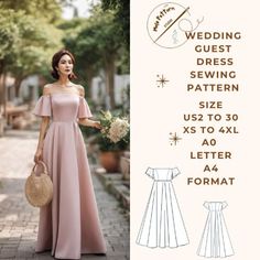 a woman in a pink dress is standing next to a white sign that says wedding guest dress sewing pattern