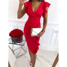 -Item Id 32412057 -Color: Red -Style: Elegant -Pattern Type: Plain -Type: Bodycon, Fitted -Details: Ruffle, Wrap, Split -Neckline: V Neck -Sleeve Length: Sleeveless -Sleeve Type: Flounce Sleeve -Waist Line: High Waist -Hem Shaped: Pencil, Straight -Length: Midi -Fit Type: Slim Fit -Fabric: Medium Stretch -Material: Fabric -Composition: 60% Polyester, 35% Viscose, 5% Elastane -Care Instructions: Machine Wash Or Professional Dry Clean -Sheer: No **Open To Offers!!!** **Bundle To Save More** **30% Summer Work Dress, Wrapped Skirt, Bodycon Outfits, Bodycon Cocktail Dress, Office Dresses For Women, Work Dresses For Women, Pencil Skirt Dress, Elegant Pattern, Ruched Midi Dress