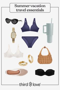 an image of a woman's travel essentials for the summer vacation season, including bikinis and sunglasses