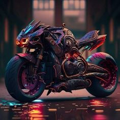 a futuristic motorcycle is shown in this artistic photo, it appears to be painted red and blue