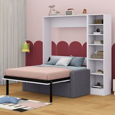 a bed with a book shelf above it and a pink wall in the back ground