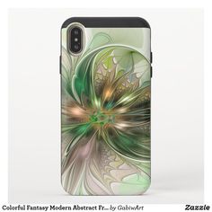 a phone case with an abstract design in green and yellow colors, on a white background