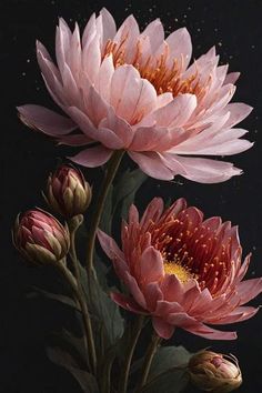 two pink flowers in a vase on a black background