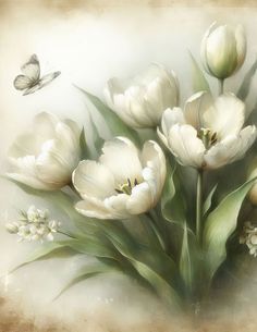 a painting of white flowers with a butterfly in the background and an old paper texture